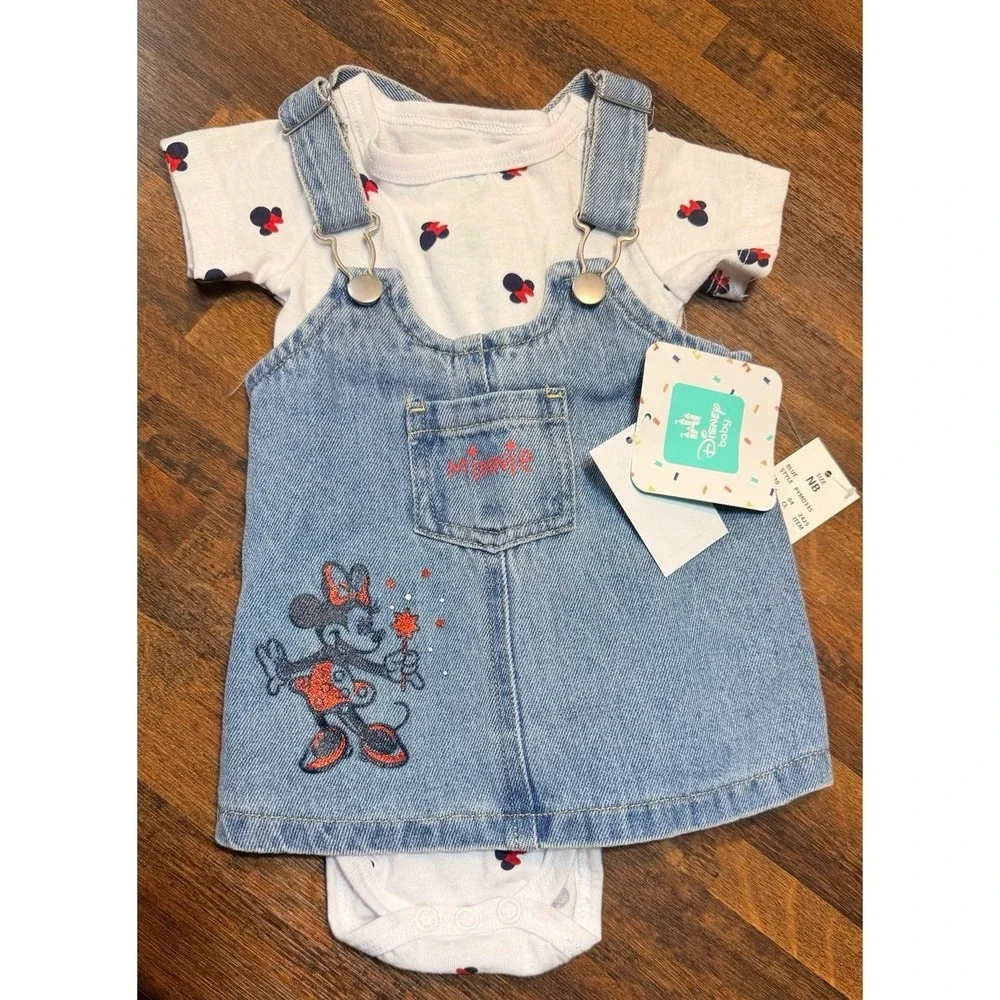 NWT Disney Minnie Mouse onsie with denim overall dress newborn